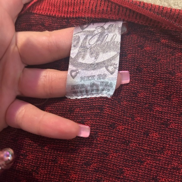 100% cotton Red Cropped Vintage Cardigan with Black Bird and Dot Print - Picture 2 of 8